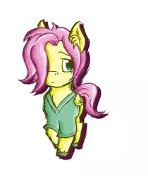 Size: 1273x1517 | Tagged: safe, artist:dreamingnoctis, derpibooru import, fluttershy, pegasus, pony, ask asylum twilight, adorascotch, butterscotch, chibi, cute, folded wings, hair over one eye, hospital gown, rule 63, rule63betes, simple background, solo, transparent background