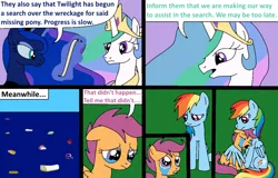 Size: 1006x642 | Tagged: artist:didgereethebrony, aura, comic:wreck of the renaissance, cradling, crying, debris, derpibooru import, floating, holding, ocean, princess celestia, princess luna, rainbow dash, safe, scootaloo, scroll, tears of pain, wreckage