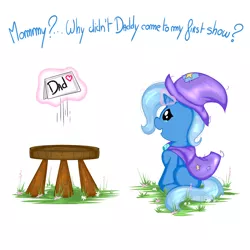 Size: 3000x3000 | Tagged: safe, artist:saralien, derpibooru import, trixie, pony, unicorn, cape, clothes, cute, daddy issues, dialogue, diatrixes, female, filly, filly trixie, hat, letter, levitation, magic, sad, solo, stool, teary eyes, telekinesis, trixie's cape, trixie's hat, younger