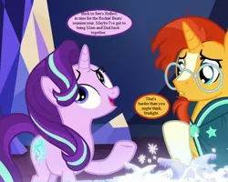 Size: 720x576 | Tagged: clothes, cropped, cutie map, derpibooru import, edit, edited screencap, g1, g1 to g4, generation leap, glasses, implied divorce, implied firelight, implied firody, implied melody, implied shipping, implied straight, my little pony tales, robe, safe, screencap, speech bubble, starlight glimmer, sunburst, text, the parent map, twilight's castle, voice actor joke