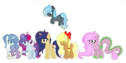 Size: 2273x1145 | Tagged: safe, artist:101xsplattyx101, derpibooru import, oc, oc:apple cotton, oc:diamond gradient, oc:pastel flash, oc:spring flame, oc:sugar cake, oc:twinkle galaxy star, unofficial characters only, dracony, earth pony, hybrid, pegasus, pony, unicorn, augmented tail, female, mare, offspring, parent:applejack, parent:comet tail, parent:fancypants, parent:fluttershy, parent:party favor, parent:pinkie pie, parent:rainbow dash, parent:rarity, parent:spike, parent:thunderlane, parent:trenderhoof, parent:twilight sparkle, parents:cometlight, parents:flutterspike, parents:partypie, parents:raripants, parents:thunderdash, parents:trenderjack, simple background, transparent background