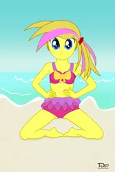 Size: 2000x3000 | Tagged: safe, artist:thunderdasher07, derpibooru import, oc, oc:mist dasher, unofficial characters only, equestria girls, beach, belly button, bikini, bikini top, clothes, equestria girls-ified, frilled swimsuit, hands on waist, kneeling, ponytail, solo, swimsuit