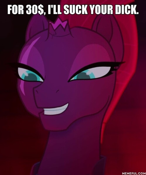 Size: 600x722 | Tagged: suggestive, derpibooru import, edit, edited screencap, screencap, tempest shadow, pony, unicorn, my little pony: the movie, broken horn, bust, caption, cropped, eye scar, female, image macro, implied blowjob, implied oral, implied sex, mare, meme, prostitution, scar, solo