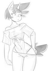 Size: 615x887 | Tagged: dead source, safe, artist:reiduran, derpibooru import, oc, oc:corona flare, unofficial characters only, anthro, unicorn, anthro oc, belly button, clothes, female, front knot midriff, grayscale, lidded eyes, midriff, monochrome, off shoulder, panties, sketch, thong, unamused, underwear