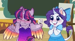 Size: 6000x3300 | Tagged: safe, artist:earthsong9405, deleted from derpibooru, derpibooru import, rarity, twilight sparkle, twilight sparkle (alicorn), alicorn, anthro, unicorn, blushing, classroom, clothes, colored wings, cute, dress, embarrassed, female, filly rarity, flower, hnnng, image, jpeg, leonine tail, lesbian, preschool, raribetes, rarilight, shipping, smiling, star (coat marking), twiabetes, young love, younger