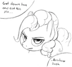 Size: 740x693 | Tagged: safe, artist:trickydick, derpibooru import, pinkie pie, earth pony, pony, angry, eat my pie, sketch, solo, that pony sure does hate pies