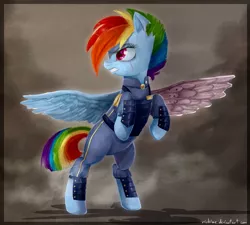 Size: 1257x1129 | Tagged: safe, artist:riukime, derpibooru import, rainbow dash, pegasus, pony, alternate timeline, amputee, apocalypse dash, augmented, crystal war timeline, eye scar, prosthetic limb, prosthetic wing, prosthetics, rearing, scar, solo, spread wings, wings