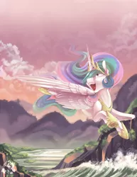 Size: 600x776 | Tagged: safe, artist:breioom, derpibooru import, princess celestia, alicorn, pony, cute, female, flying, happy, large wings, majestic as fuck, mare, ocean, open mouth, praise the sun, solo, spread wings, sunset, underhoof, wings