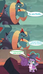 Size: 1280x2160 | Tagged: apron, artist:pixelkitties, clothes, comic, derpibooru import, dragon, dragoness, dragon lord torch, drinking hat, edit, edited screencap, father and daughter, female, foam finger, gauntlet of fire, hat, male, naked apron, outfit, princess ember, prozd, ridiculous, safe, screencap, screencap comic, soda drink hat, spike, vulgar