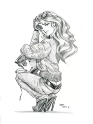 Size: 1000x1320 | Tagged: suggestive, artist:baron engel, derpibooru import, sunset shimmer, equestria girls, ass, aviator glasses, bunset shimmer, butt crack, buttcrack, clothes, female, grayscale, helmet, high heels, jacket, jeans, looking back, monochrome, panties, pants, pencil drawing, pinup, shoes, simple background, sketch, smiling, solo, solo female, sunglasses, traditional art, underwear, white background