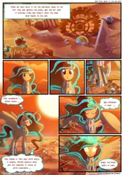 Size: 3500x4950 | Tagged: safe, artist:light262, artist:lummh, derpibooru import, oc, oc:princess tempora, unofficial characters only, alicorn, pony, comic:timey wimey, alicorn oc, comic, desert, female, glowing eyes, glowing horn, mare, ruins, sand, solo, speech bubble, thought bubble