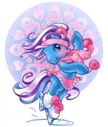 Size: 700x830 | Tagged: safe, artist:lyn fletcher, derpibooru import, official, earth pony, pony, accessories, bipedal, blue coat, blue mane, clothes, female, g3, headband, ice, ice skates, ice skating, image, jpeg, mandala, mare, missing cutie mark, multicolored mane, official art, pom pom, ponytail, pose, purple hair, purple mane, scarf, scrunchie, simple background, skates, skating, skirt, solo, spinning, unknown pony, white background, winter, winter outfit