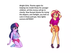 Size: 1024x768 | Tagged: suggestive, artist:diaperednight, derpibooru import, sci-twi, sunset shimmer, twilight sparkle, equestria girls, breasts, cleavage, clothes, diaper, diaper fetish, fetish, glasses, legs, model, modeling, pullup (diaper), shirt, socks, story, story included, t-shirt, text, top