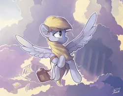 Size: 2800x2200 | Tagged: safe, artist:freeedon, derpibooru import, derpy hooves, pegasus, pony, cloud, column, female, flying, head turn, letter, looking away, mailbag, mare, solo, spread wings, windswept mane, wings