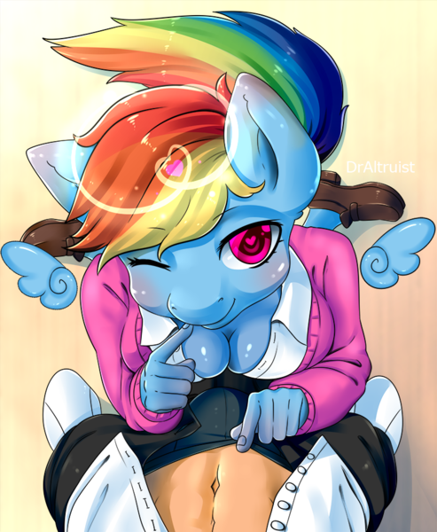 Size: 780x950 | Tagged: questionable, artist:draltruist, derpibooru import, rainbow dash, anthro, human, pegasus, angel, belly button, blushing, breasts, cleavage, clothes, crotch bulge, cute, dashabetes, female, floating wings, halo, heart eyes, human male, male, male pov, mare, offscreen character, one eye closed, pov, shhh, smiling, wingding eyes, wink