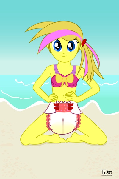 Size: 2000x3000 | Tagged: questionable, alternate version, artist:thunderdasher07, derpibooru import, oc, oc:mist dasher, equestria girls, beach, bikini, bikini top, breasts, clothes, diaper, diaper fetish, equestria girls-ified, fetish, ponytail, solo, swimsuit, urine, wet diaper