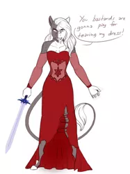 Size: 1492x1997 | Tagged: angry, anthro, artist:blackblood-queen, clothes, colored sketch, crossdressing, derpibooru import, dialogue, dracony, dress, fangs, hybrid, leonine tail, looking at you, male, oc, oc:daniel dasher, red dress, safe, simple background, solo, speech bubble, stallion, sword, torn clothes, unguligrade anthro, unofficial characters only, weapon, white background