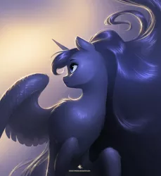 Size: 2716x2965 | Tagged: safe, artist:katputze, derpibooru import, princess luna, alicorn, pony, cheek fluff, chest fluff, cute, ear fluff, female, fluffy, gradient background, leg fluff, looking back, looking up, lunabetes, mare, missing accessory, raised hoof, shiny, shiny mane, shoulder fluff, sitting, smiling, solo, sparkles, spread wings, wing fluff, wings