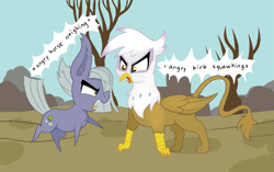 Size: 1661x1045 | Tagged: safe, artist:dragonpone, artist:paskanaakka, derpibooru import, gilda, limestone pie, earth pony, gryphon, pony, angry, animated, birb, bird noises, chest fluff, descriptive noise, duo, ear fluff, eye contact, female, frown, gif, glare, horse noises, looking at each other, mare, neigh, open mouth, pointy ponies, raised hoof, raised leg, sketch, speech bubble, squawk, tongue out, yelling