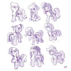 Size: 3146x3146 | Tagged: suggestive, artist:zalakir, derpibooru import, apple bloom, applejack, fluttershy, pinkie pie, rainbow dash, rarity, scootaloo, sweetie belle, twilight sparkle, earth pony, pegasus, pony, unicorn, blushing, bouncing, cute, cutie mark crusaders, diaper, diaper fetish, female, fetish, filly, mane six, monochrome, question mark, smiling, teddy bear, younger