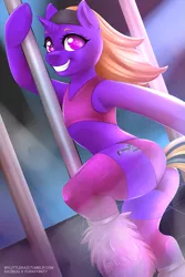 Size: 833x1250 | Tagged: suggestive, artist:kazibug, derpibooru import, oc, unofficial characters only, anthro, unguligrade anthro, unicorn, clothes, dancing, female, solo, solo female, stockings, stripper pole, thigh highs, tight clothing, ych result