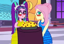 Size: 1800x1240 | Tagged: safe, artist:bigpurplemuppet99, derpibooru import, aria blaze, fluttershy, equestria girls, ariashy, blushing, disney, female, flutterblaze, food, lady and the tramp, lesbian, pasta, shipping, spaghetti