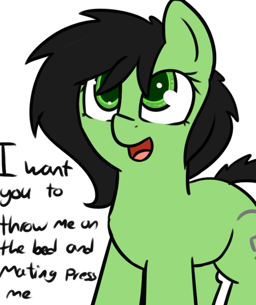 Size: 599x714 | Tagged: suggestive, artist:cutelewds, derpibooru import, oc, oc:anonfilly, unofficial characters only, earth pony, pony, asking for it, female, filly, implied foalcon, looking up, open mouth, simple background, smiling, solo, solo female, text, white background