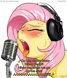 Size: 836x977 | Tagged: suggestive, artist:mlpfbismagic, artist:sorcerushorserus, derpibooru import, edit, fluttershy, ahegao, blushing, dialogue, drool, eyes closed, female, headphones, microphone, not porn, open mouth, question, sfw edit, singing, solo, solo female, song reference, system of a down, text, tongue out