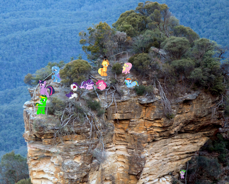 Size: 1024x826 | Tagged: alicorn, applejack, artist:didgereethebrony, australia, blue mountains, cliff, derpibooru import, eucalyptus, fluttershy, hiding behind tail, irl, katoomba, lookout, mlp in australia, oc, oc:didgeree, photo, ponies in real life, rainbow dash, rarity, rock formation, safe, scared, spike, staircase, stairs, starlight glimmer, tree, trixie, twilight sparkle, twilight sparkle (alicorn), valley