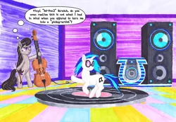 Size: 3288x2286 | Tagged: artist:malte279, cello, comic, derpibooru import, marker drawing, musical instrument, octavia melody, pickup, pun, safe, traditional art, vinyl disc, vinyl scratch