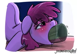Size: 4093x2894 | Tagged: alcohol, artist:jcosneverexisted, berry punch, berryshine, blushing, bottle, deepthroat, derpibooru import, drunk, female, lying, nudity, open mouth, oral, solo, suggestive, sweat, wine