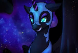 Size: 2039x1378 | Tagged: safe, artist:hosikawa, derpibooru import, nightmare moon, alicorn, pony, bedroom eyes, eyeshadow, female, grin, looking at you, makeup, mare, smiling, solo