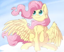 Size: 1024x824 | Tagged: dead source, safe, artist:xgglitch, derpibooru import, fluttershy, pegasus, pony, chest fluff, female, mare, smiling, solo, spread wings, wings