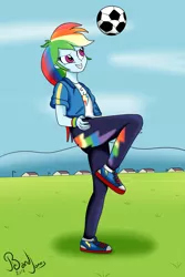 Size: 800x1200 | Tagged: safe, artist:bandijones, derpibooru import, rainbow dash, equestria girls, equestria girls series, converse, football, shoes, soccer field, solo, sports