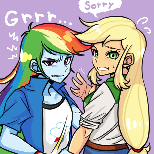 Size: 1000x1000 | Tagged: safe, artist:raika0306, derpibooru import, applejack, rainbow dash, equestria girls, appledash, clothes, denim skirt, dialogue, female, jacket, lesbian, looking at you, shipping, shirt, skirt, speech bubble