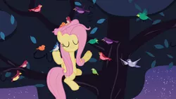 Size: 1280x720 | Tagged: safe, derpibooru import, screencap, constance, fluttershy, bird, blue jay, pony, sweet and elite, female, flock, mare, sitting in a tree, songbird, tree