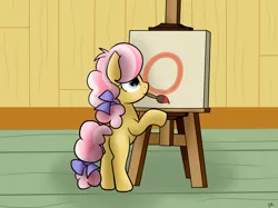 Size: 1024x764 | Tagged: safe, artist:envygirl95, derpibooru import, kettle corn, pony, marks and recreation, canvas, circle painting, mouth hold, paintbrush, solo