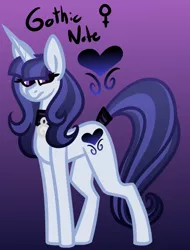 Size: 504x662 | Tagged: safe, artist:eppyminecart, derpibooru import, oc, oc:gothic note, unofficial characters only, pony, unicorn, icey-verse, choker, eyeshadow, female, gradient background, magical lesbian spawn, makeup, mare, next generation, offspring, parent:inky rose, parent:moonlight raven, parents:inkyraven, purple background, simple background, solo, tail wrap