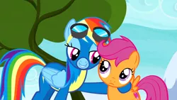 Size: 1920x1080 | Tagged: bedroom eyes, clothes, derpibooru import, goggles, hoof on shoulder, i need an adult, lidded eyes, newbie dash, out of context, rainbow dash, safe, scootaloo, screencap, uniform, wonderbolts uniform