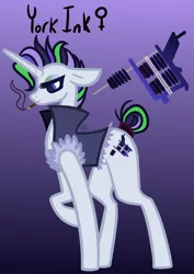 Size: 594x840 | Tagged: safe, artist:eppyminecart, derpibooru import, oc, oc:york ink, unofficial characters only, pony, unicorn, icey-verse, cigarette, clothes, eyeshadow, female, gradient background, jacket, magical lesbian spawn, makeup, mare, offspring, parent:inky rose, parent:moonlight raven, parents:inkyraven, punk, purple background, simple background, smoking, solo, tail wrap