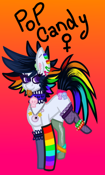 Size: 495x822 | Tagged: safe, artist:eppyminecart, derpibooru import, oc, oc:pop candy (ice1517), unofficial characters only, earth pony, pony, icey-verse, anklet, choker, clothes, collar, ear piercing, earring, eyebrow piercing, female, gradient background, jewelry, magical lesbian spawn, mare, necklace, nose piercing, offspring, parent:inky rose, parent:moonlight raven, parents:inkyraven, piercing, rainbow socks, scene, scene kid, socks, solo, spiked wristband, stockings, striped socks, thigh highs, tongue out, tongue piercing, torn clothes, wristband