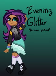 Size: 550x750 | Tagged: artist:eppyminecart, boots, choker, clothes, derpibooru import, dress, female, gradient background, green background, human, humanized, humanized oc, icey-verse, jacket, leather jacket, magical lesbian spawn, next generation, oc, oc:evening glitter, offspring, parents:shimmerglimmer, parent:starlight glimmer, parent:sunset shimmer, safe, shoes, shorts, simple background, socks, solo, spiked choker, spiked wristband, unofficial characters only, wristband