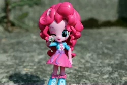 Size: 6000x4000 | Tagged: safe, artist:artofmagicpoland, derpibooru import, pinkie pie, equestria girls, doll, equestria girls minis, eqventures of the minis, fourth wall, looking at you, one eye closed, pointing, smiling, solo, stone, toy, wink