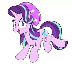 Size: 531x474 | Tagged: safe, artist:lance, derpibooru import, starlight glimmer, ponified, pony, unicorn, equestria girls, mirror magic, spoiler:eqg specials, beanie, cute, equestria girls outfit, equestria girls ponified, female, glimmerbetes, hat, looking at you, mare, open mouth, simple background, smiling, solo, white background