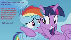 Size: 1280x720 | Tagged: safe, derpibooru import, edit, edited screencap, screencap, rainbow dash, twilight sparkle, twilight sparkle (alicorn), alicorn, pony, the cutie re-mark, caption, creepy, creepy smile, dialogue, female, filly, filly rainbow dash, gritted teeth, i need an adult, lesbian, mare, out of context, shipping, side hug, smiling, twidash, twilest dashle, twilight is a foal fiddler, younger