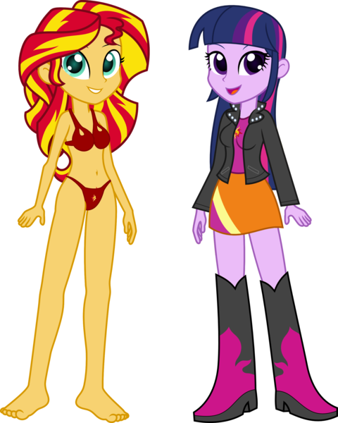 Size: 2000x2500 | Tagged: suggestive, artist:salemcat, derpibooru import, edit, edited edit, editor:slayerbvc, sunset shimmer, twilight sparkle, equestria girls, barefoot, boots, bra, breasts, clothes, clothes swap, cutie mark underwear, feet, jacket, leather jacket, panties, red underwear, shoes, simple background, skirt, transparent background, underwear, underwear edit