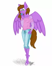 Size: 1200x1500 | Tagged: anthro, anthro oc, artist:lilac pone, blue jeans, blue phone case, breasts, brown mane, brown tail, button, clothes, collarbone, contrapposto, curvy, derpibooru import, digital, digital art, ear piercing, earring, female, firealpaca, green eyes, hips, hooves, hourglass figure, iphone, jeans, jewelry, lace, long legs, long sleeve shirt, mane, mare, mobile phone, oc, oc:lilac sciath, outfit, pants, pegasus, phone, piercing, pink shirt, purple, safe, skinny, skinny jeans, spread wings, standing, stylish, thin, tight jeans, unguligrade anthro, wavy hair, wings