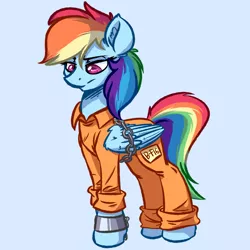 Size: 4000x4000 | Tagged: safe, artist:witchtaunter, derpibooru import, rainbow dash, pegasus, pony, absurd resolution, abuse, b-f16, bound wings, clothes, cuffs, dashabuse, female, mare, never doubt rainbowdash69's involvement, prison outfit, prisoner rd, solo