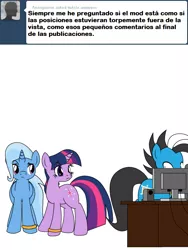 Size: 600x800 | Tagged: safe, artist:dekomaru, derpibooru import, edit, trixie, twilight sparkle, oc, oc:brave star, earth pony, pony, unicorn, tumblr:ask twixie, ask, computer, female, lesbian, shipping, spanish, translation, tumblr, twixie