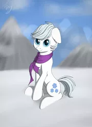 Size: 1482x2057 | Tagged: safe, artist:cluvry, derpibooru import, double diamond, earth pony, pony, clothes, commission, cute, daaaaaaaaaaaw, double dawwmond, male, scarf, signature, smiling, snow, solo, stallion